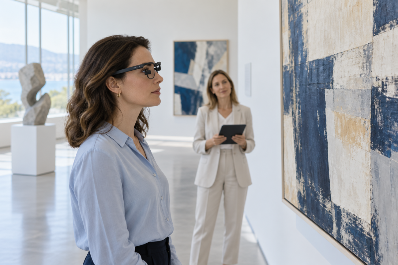 Visitante con gafas de seguimiento ocular observando una obra en un museo luminoso