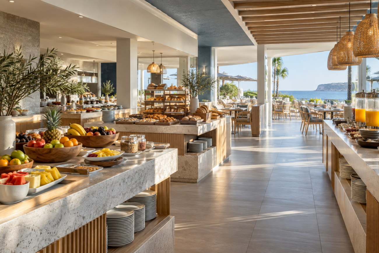 Buffet de desayuno con zonas de servicio y pasillos amplios