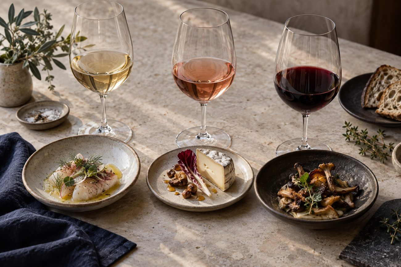 Tres vinos acompañados de pequeños platos de pescado, queso y setas.