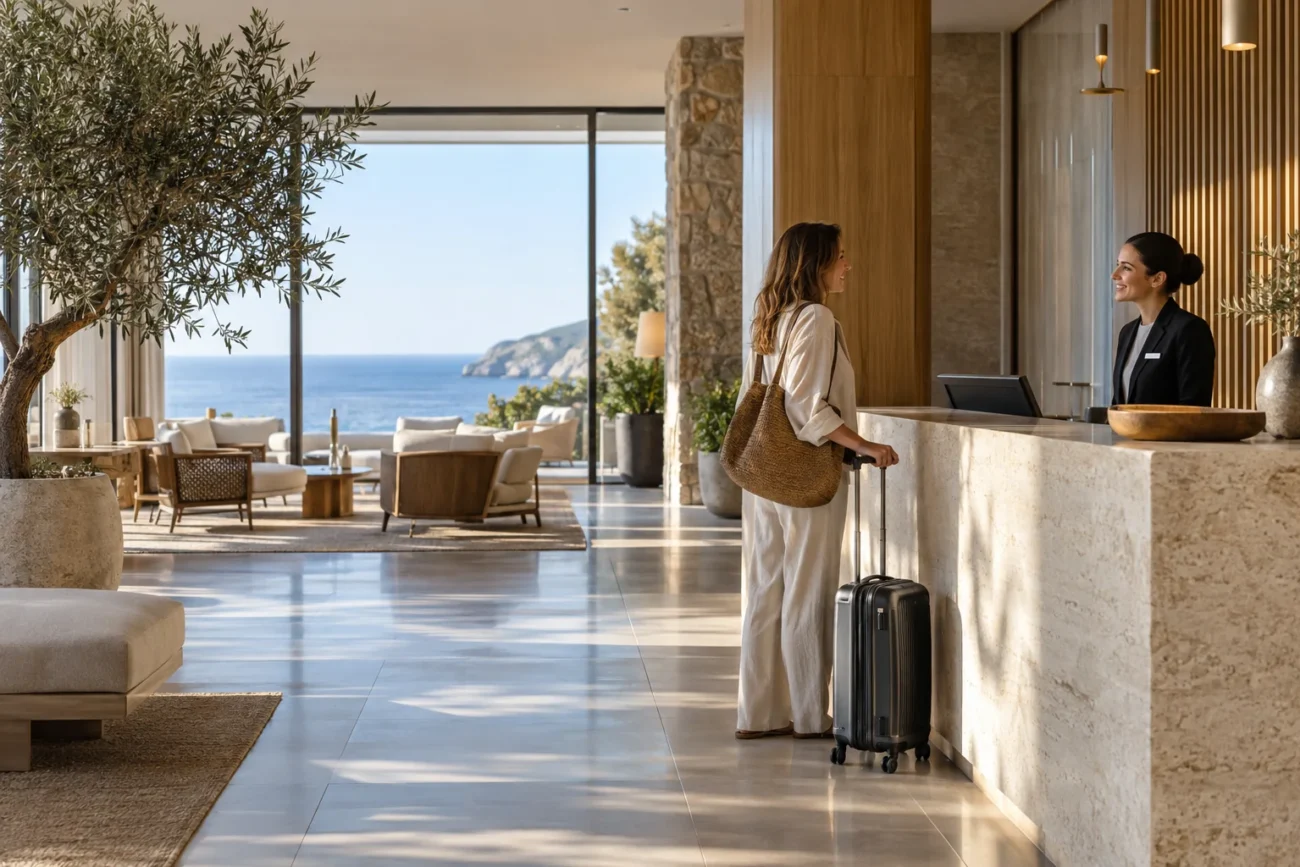 Llegada de una visitante a la recepción de un hotel
