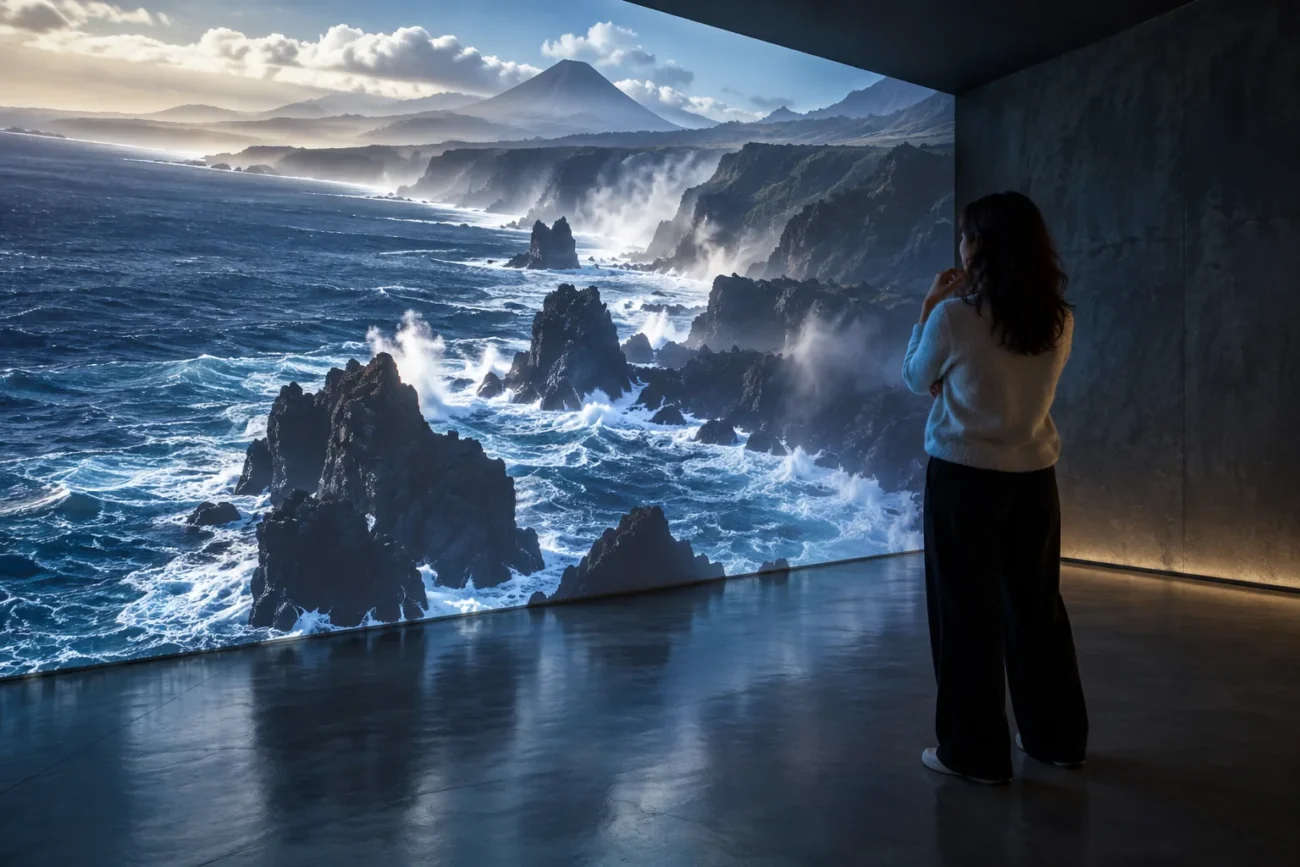 Escena conceptual de una participante en un entorno de proyección inmersiva con paisaje volcánico y mar.