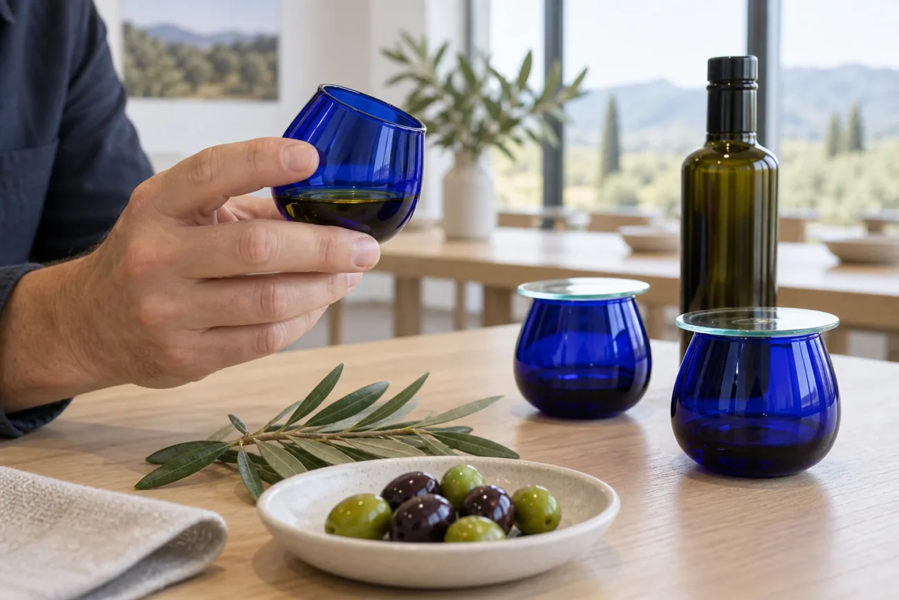 Cata sensorial de aceite de oliva con vasos azules