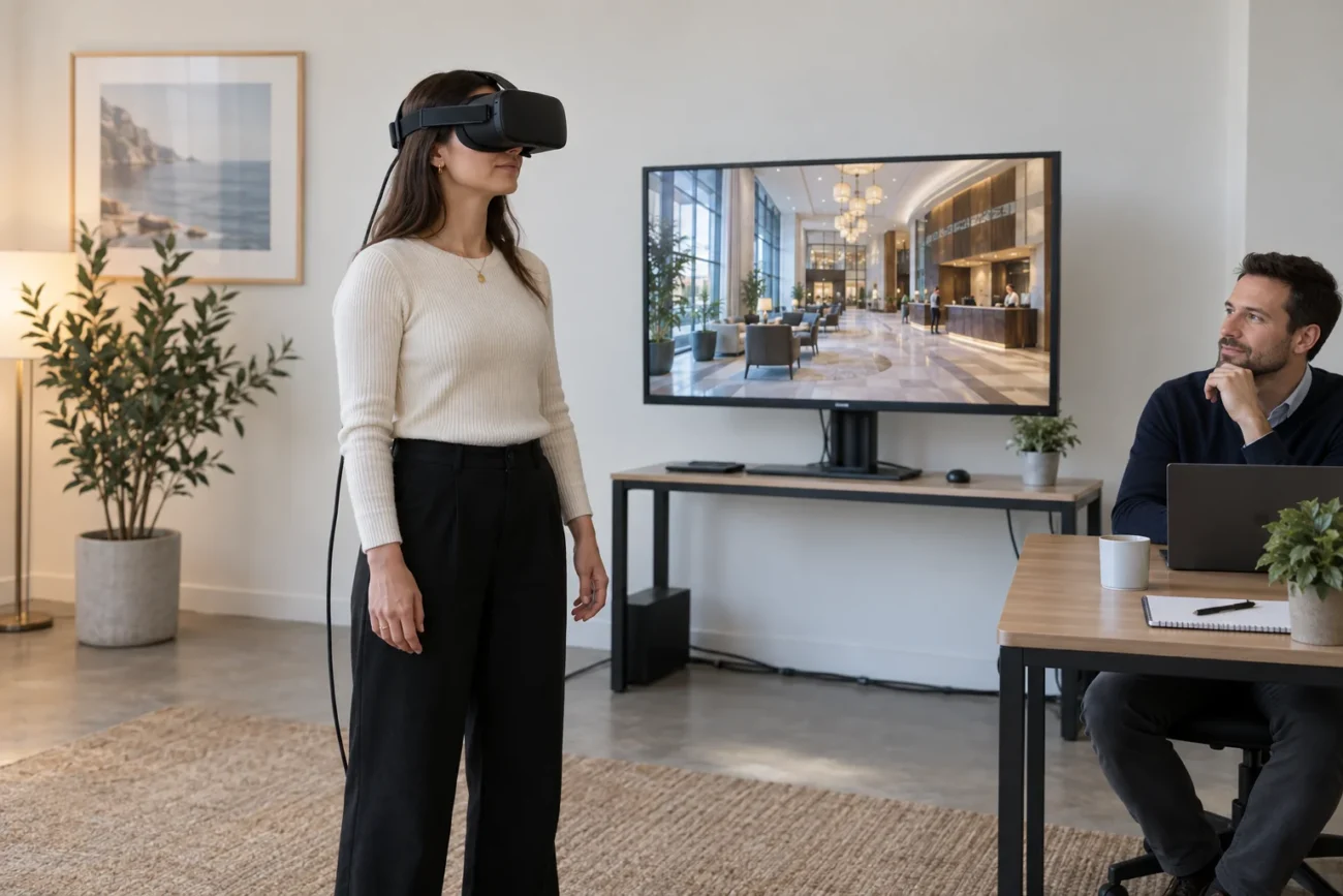Participante explora una experiencia turística con un visor de realidad virtual