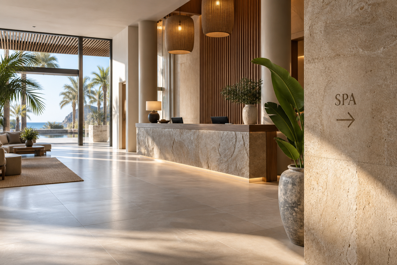 Recepción de resort con señalética hacia el spa