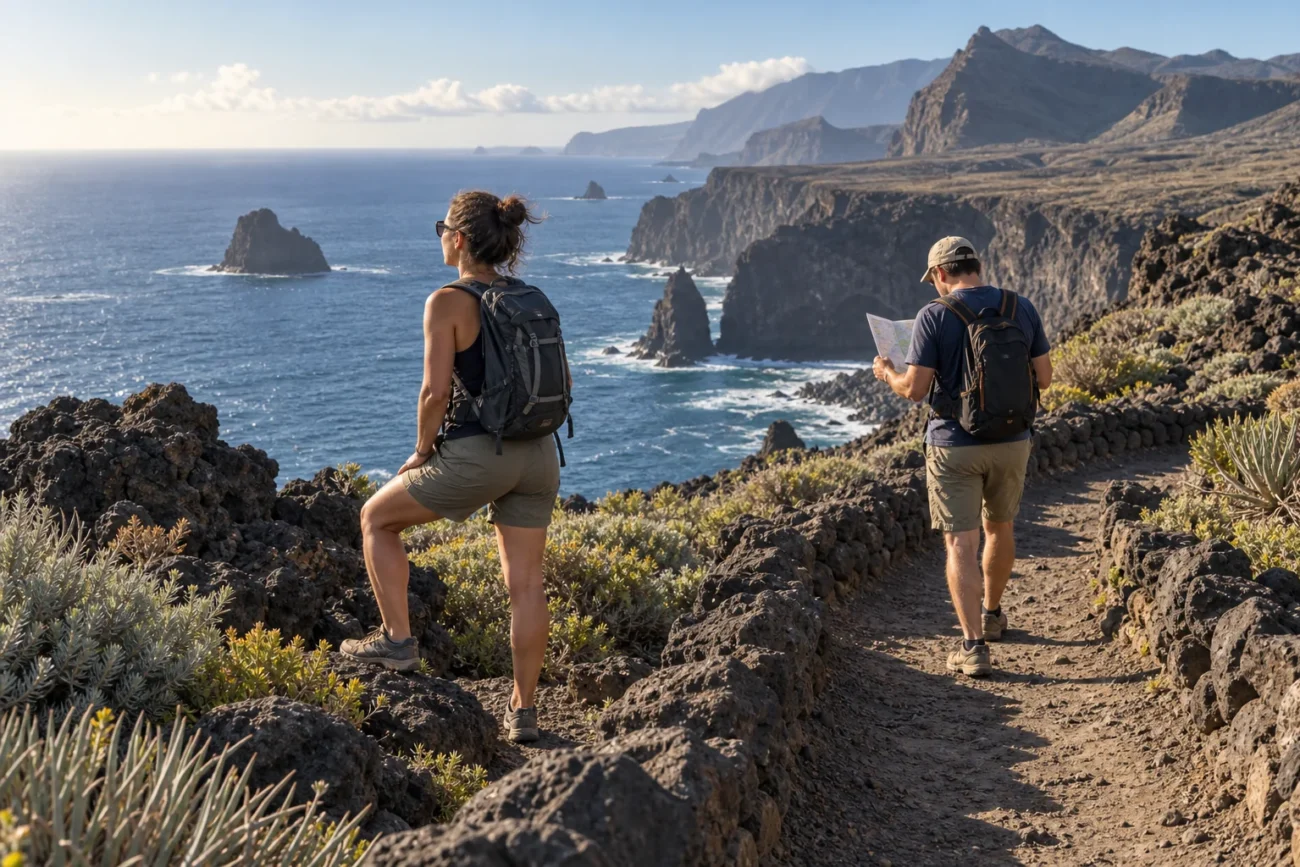 Visitantes consultan un mapa durante un recorrido por un paisaje costero volcánico