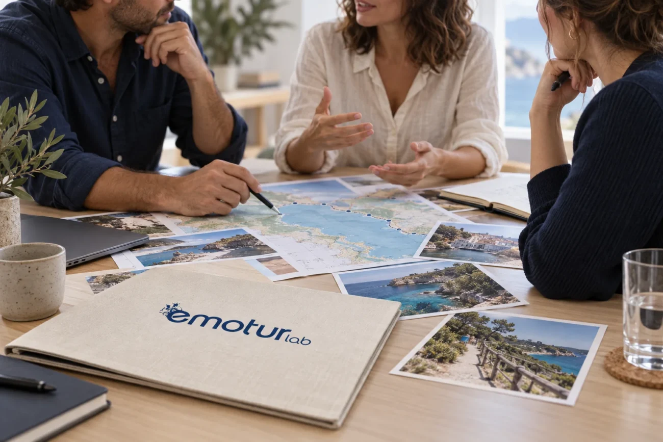Sesión de trabajo sobre un recorrido turístico con una carpeta de EMOTUR